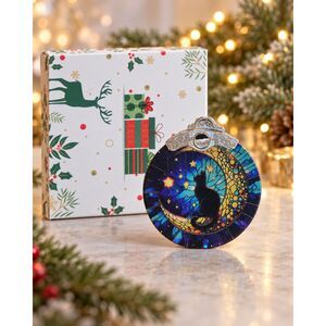 Black Cat Crescent Moon Stained Glass Style Christmas Ornament Celestial Gift